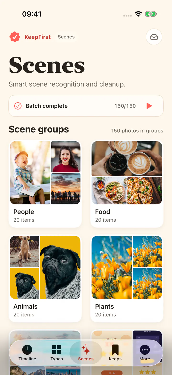 KeepFirst Scenes tab grouping photos into People, Food, Animals, and Plants